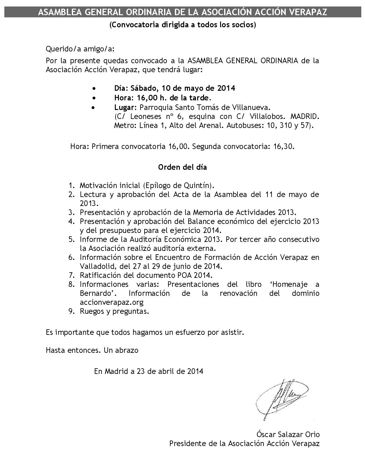 Convocatoria ASAMBLEA AV Centro 2014